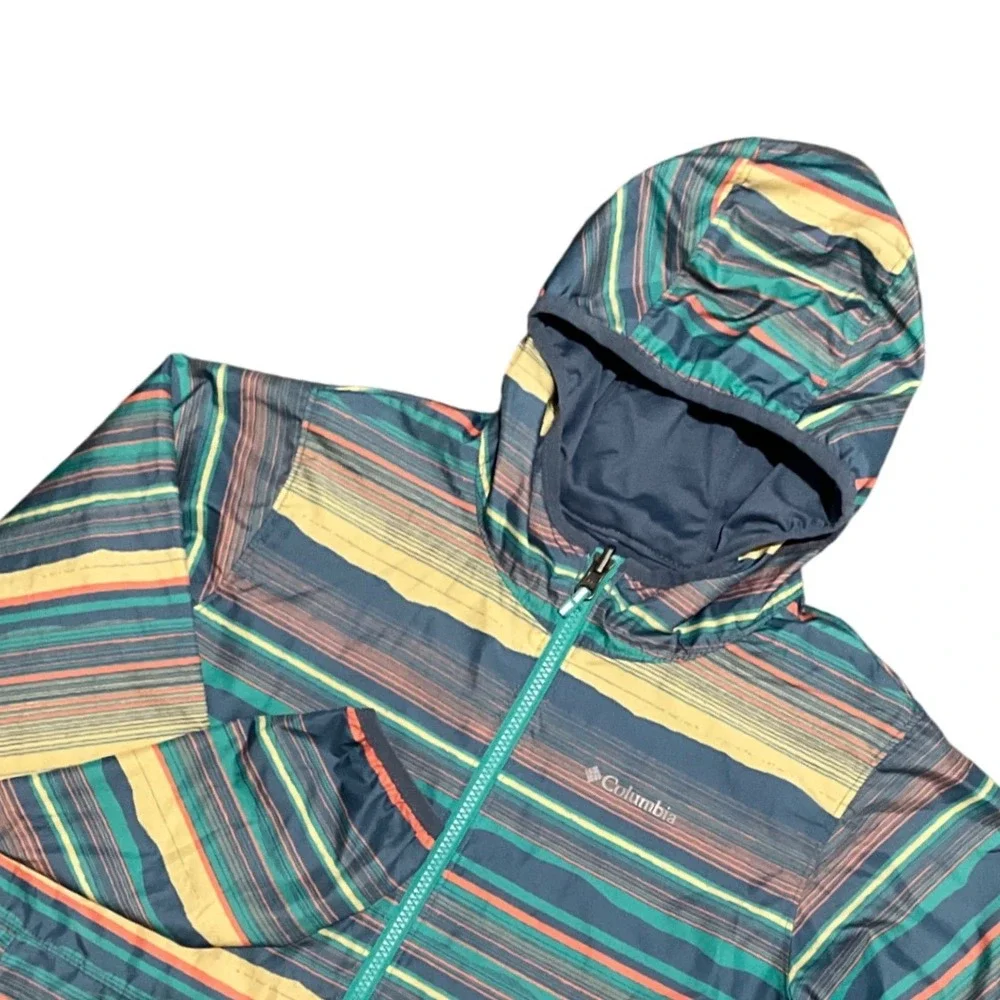 Columbia Kids Reversible Striped Hooded Windbreaker Jacket‎ M 10/12 Outdoor